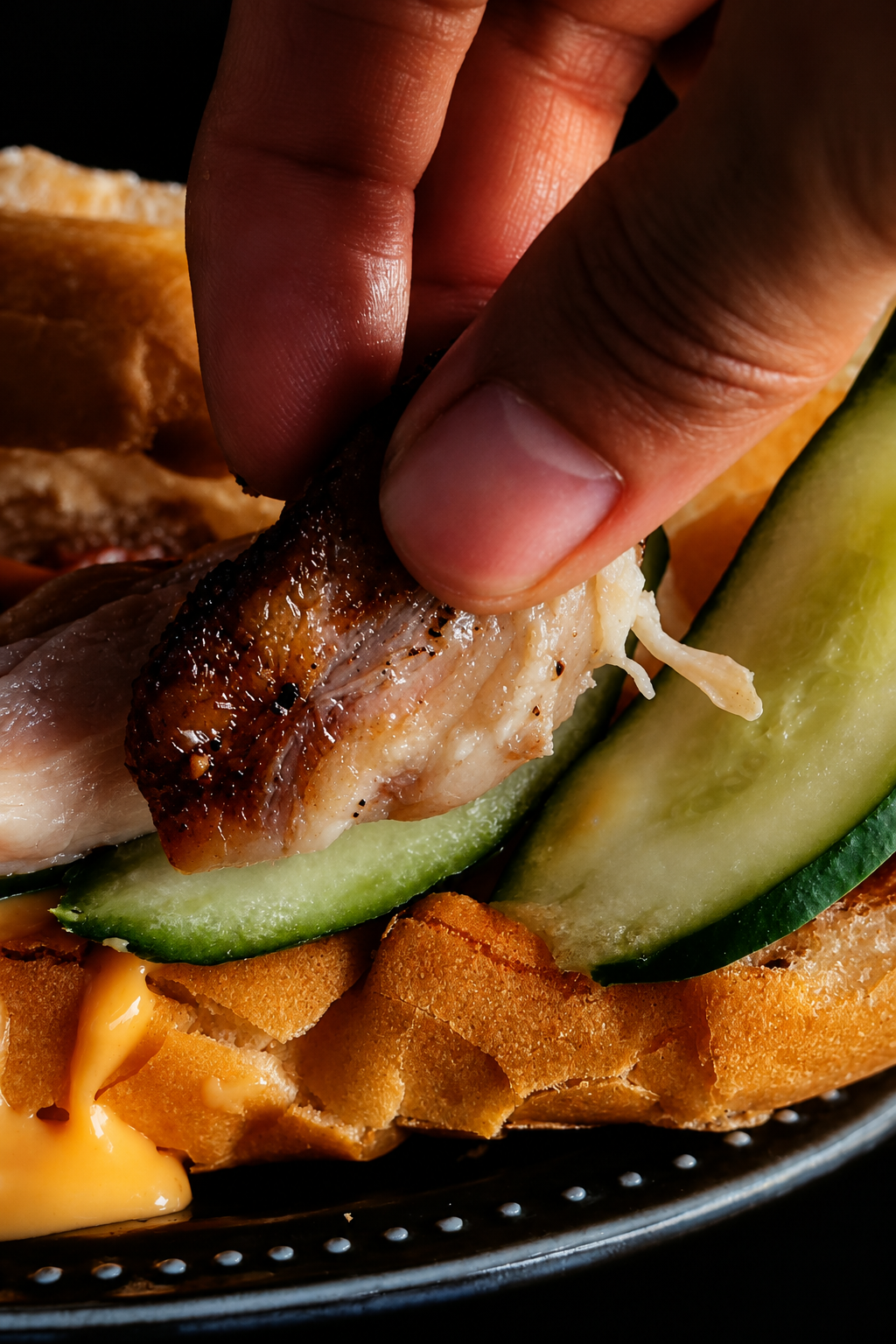 Macro food photography of roasted meat being placed into a sandwich for a commercial food film