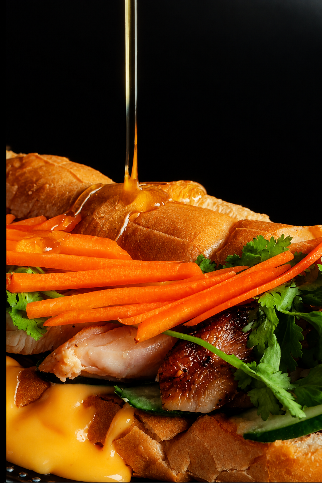 Cinematic sandwich food photography with sauce drizzle, fresh herbs and roasted meat