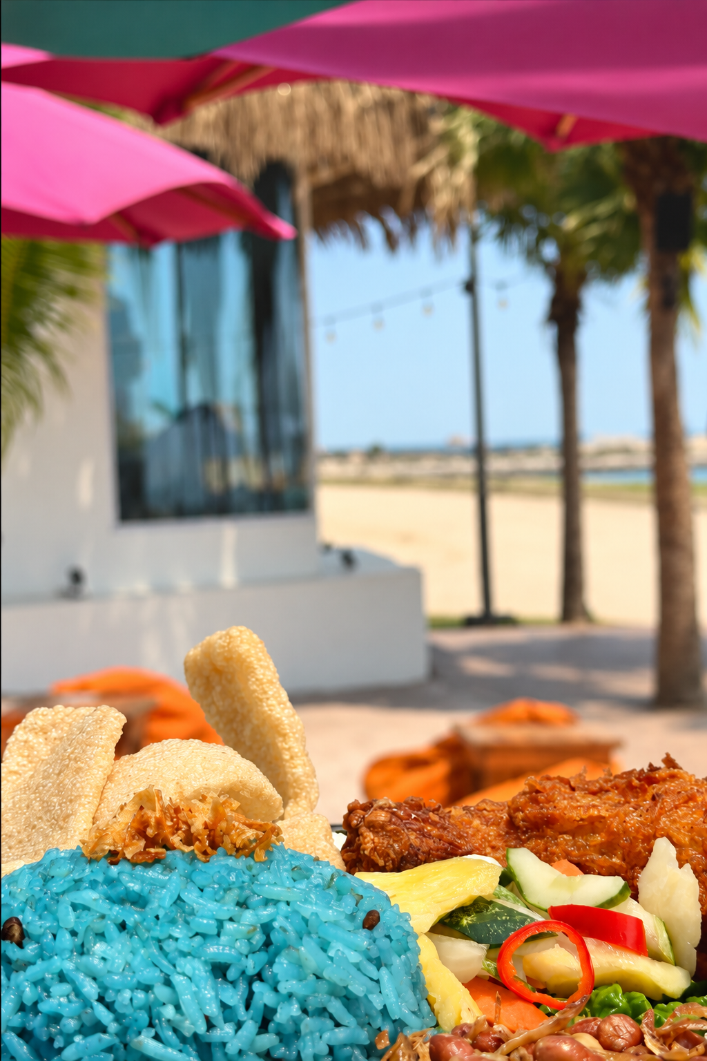 Blue rice and fried chicken food photography at MUSE Peranakan Bistro by the Sea